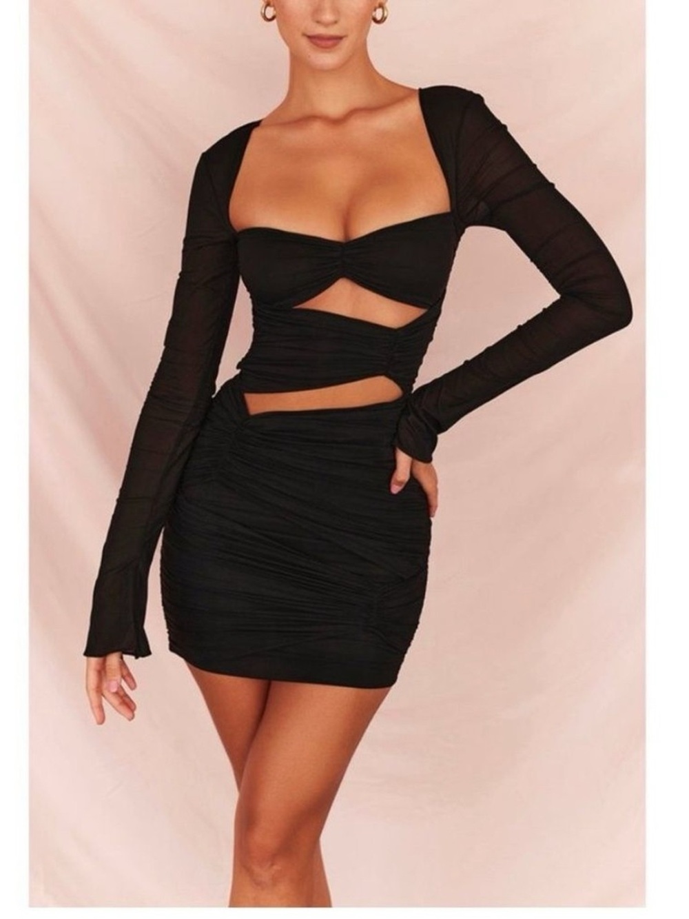 Black Cutout Ruched Long Sleeve Mini Dress